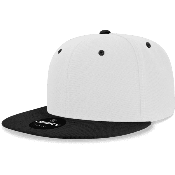 A white and black 6 panel high-profile snapback cap featuring a logo on the front.