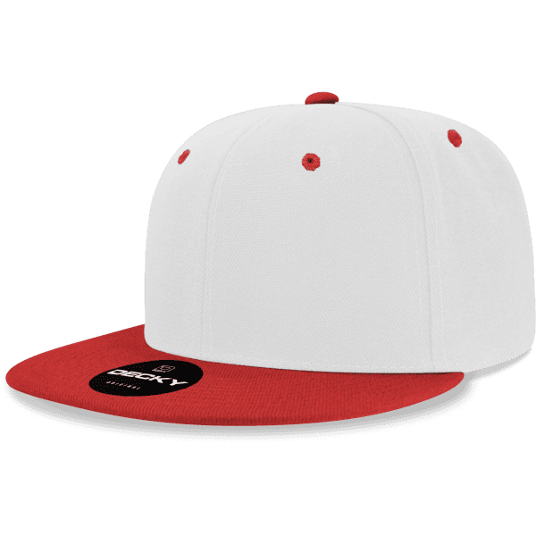 A snapback cap with a white crown and a red brim, featuring a branded logo on the front.