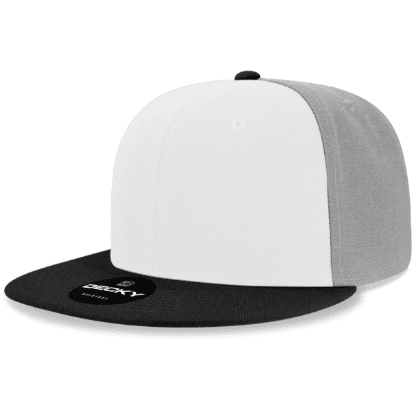 A grey and white snapback cap with a black peak, featuring a logo on the underside.