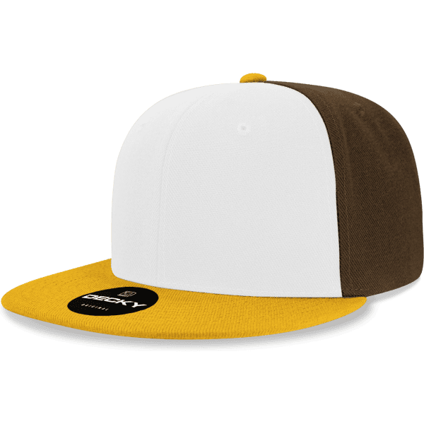 A snapback cap featuring white, brown, and yellow panels, with a logo on the front.