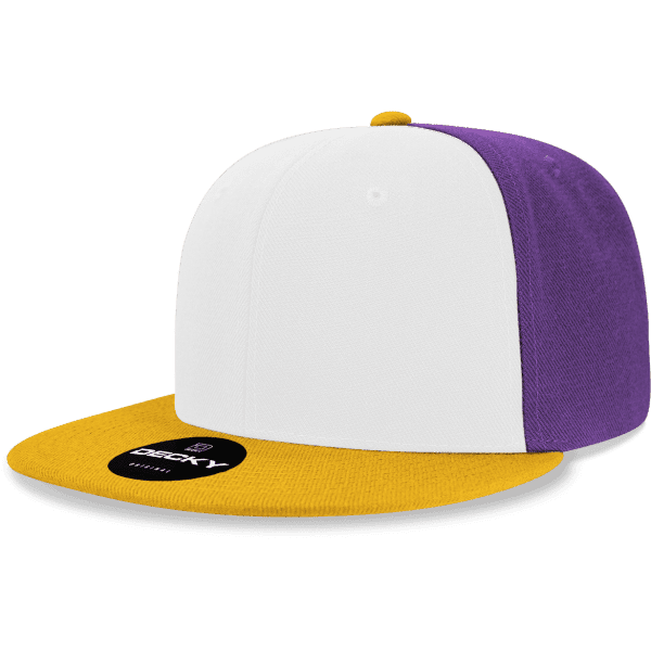 A snapback cap featuring a white front, purple sides, and a yellow brim. It has a logo on the underside.