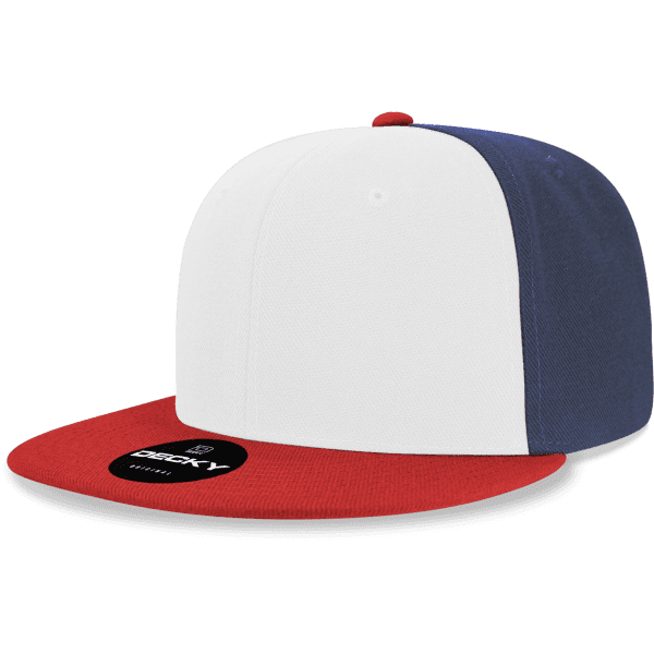 A six-panel high-profile snapback cap featuring a white front, navy blue sides, and a red brim, with a logo on the front.