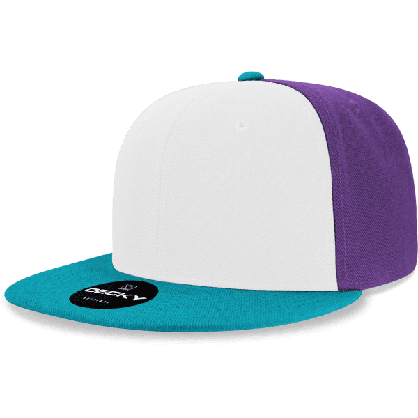 A high-profile snapback cap with a purple, white, and teal colour scheme, featuring a logo on the front.