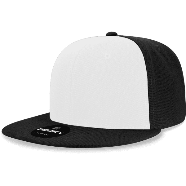 A black and white snapback cap featuring a flat brim and a logo on the front.