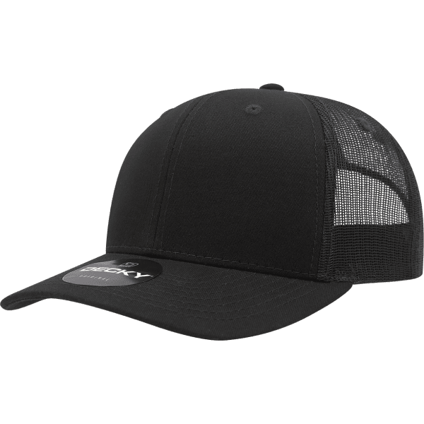 A black six-panel mid-profile structured trucker cap with a mesh back and a logo.