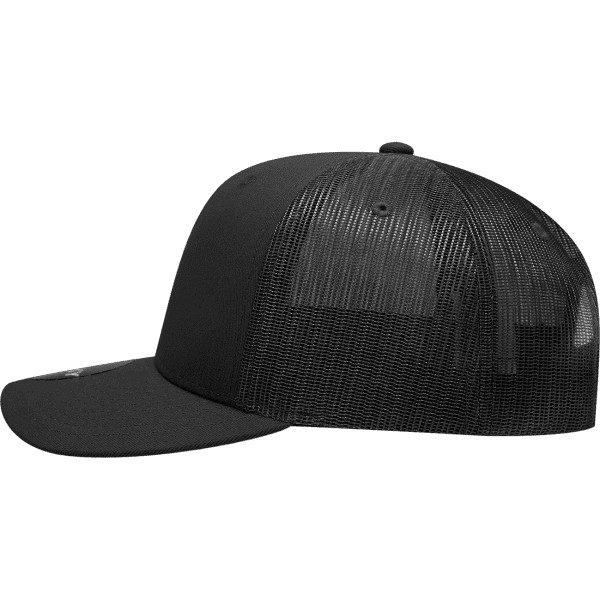 A black 6-panel mid-profile structured trucker cap with a mesh back and curved visor. Features a logo on the front.