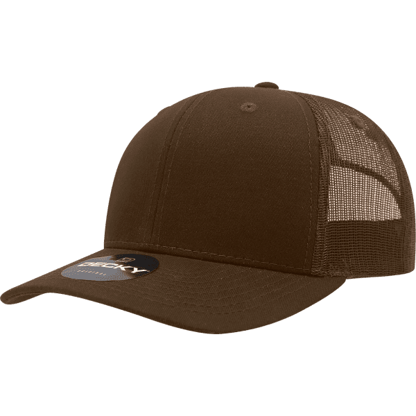 A brown 6-panel mid-profile trucker cap with a mesh back and a logo on the front.