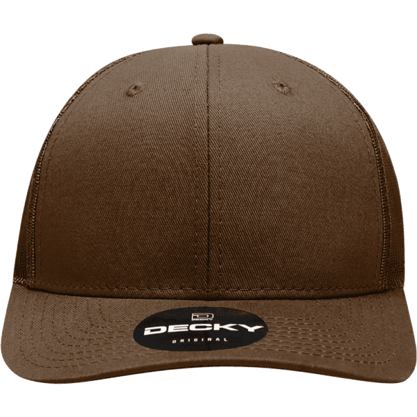 A brown structured trucker cap with a curved peak and a logo tag on the front.