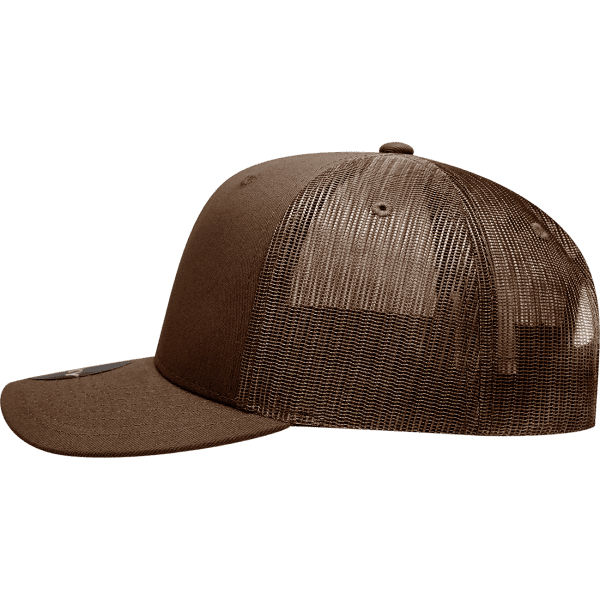A brown 6-panel mid-profile structured trucker cap with a mesh back and a curved brim.