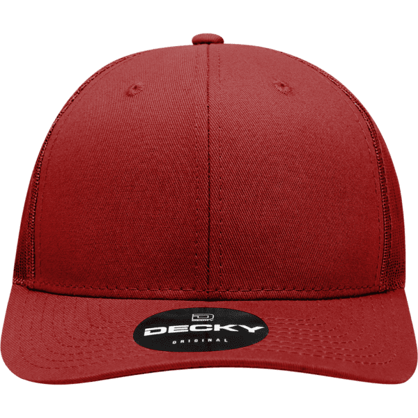 A red six-panel mid-profile structured trucker cap featuring a logo on the front.