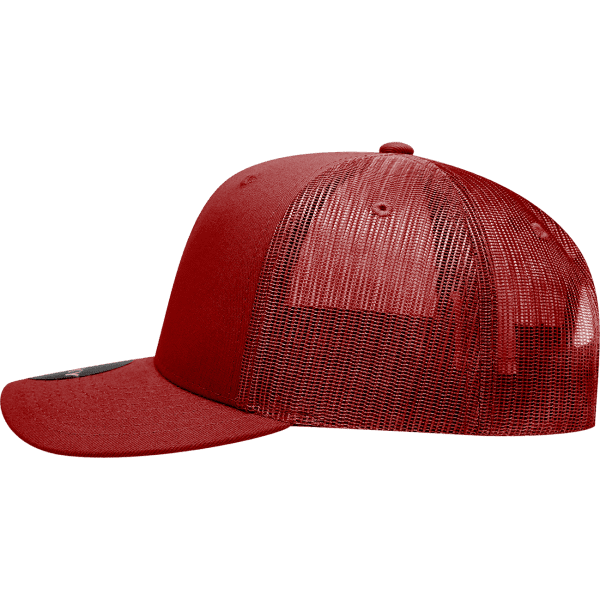 A red 6-panel mid-profile structured trucker cap with a mesh back and a rounded brim. It features a logo.