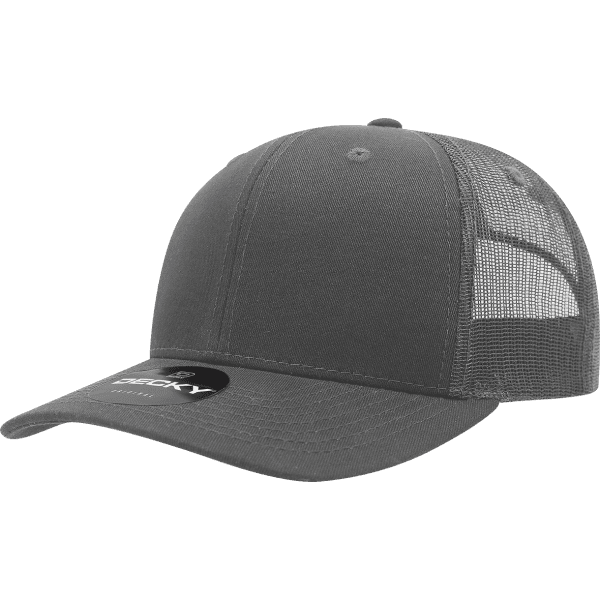 A grey 6-panel mid-profile trucker cap with a mesh back and a logo on the front.