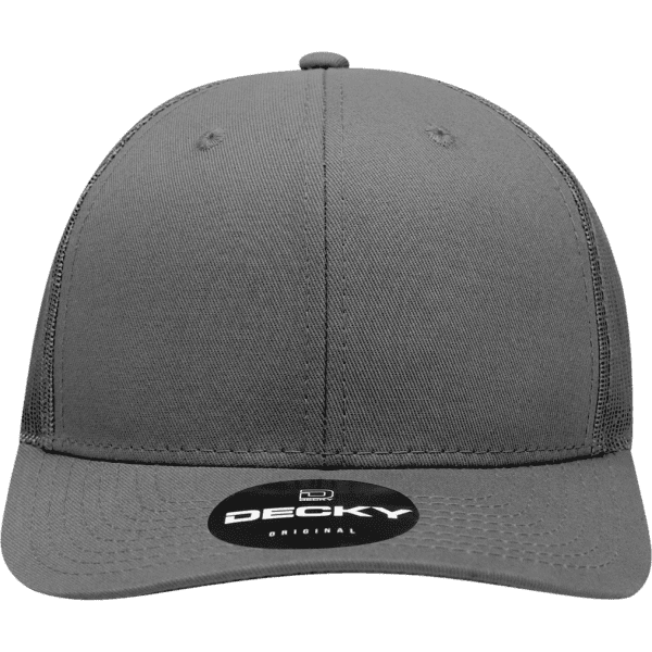 A grey 6-panel mid profile structured trucker cap with a branded tag on the front.