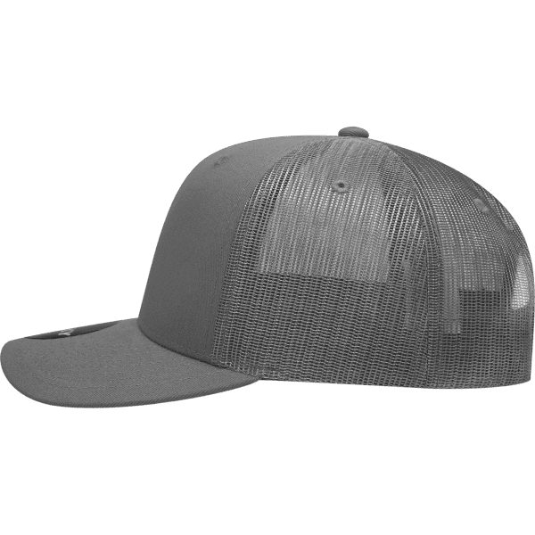 A grey 6 panel mid-profile structured trucker cap with a mesh back and a logo on the front.