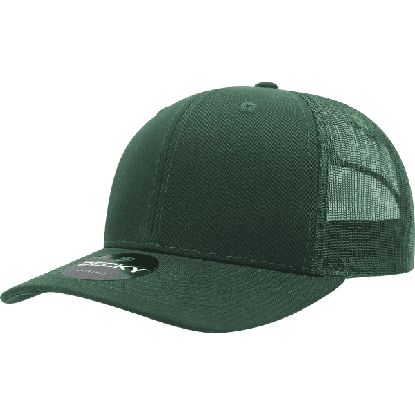 A green trucker cap with a solid front panel and mesh back, featuring a logo on the front.