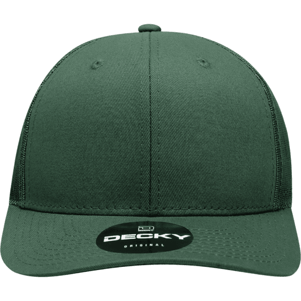 A green structured trucker cap featuring a mid-profile design and a logo on the front.