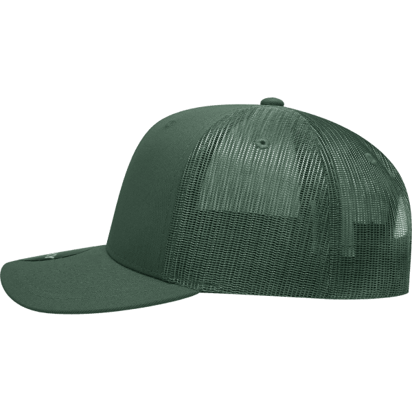 A green 6 panel mid profile structured trucker cap with a mesh back and a logo.