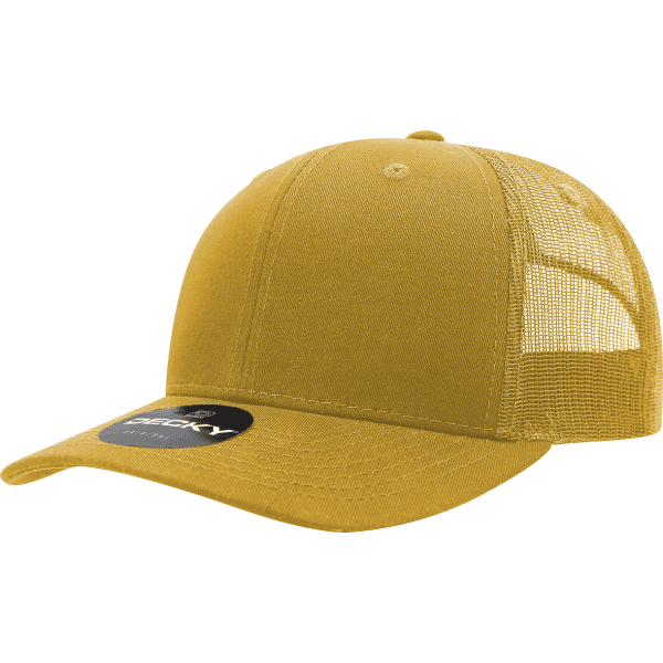 A yellow 6-panel mid pro trucker cap with a cotton/poly blend and a mesh back, featuring a logo.