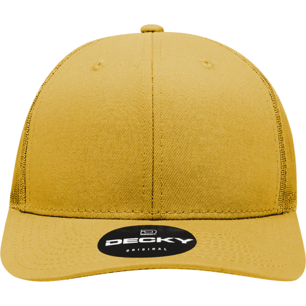 A structured trucker cap in a mustard yellow colour with an adjustable back and a logo on the front.