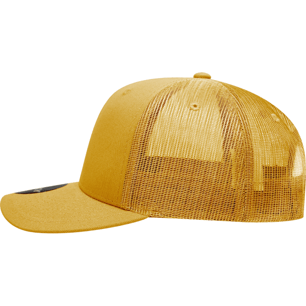A structured mid-profile trucker hat in yellow with a mesh back and a rounded brim. Features a logo.