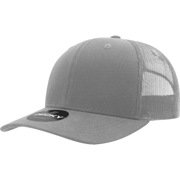 A grey 6-panel trucker cap with a cotton/poly blend and a mesh back, featuring a logo.