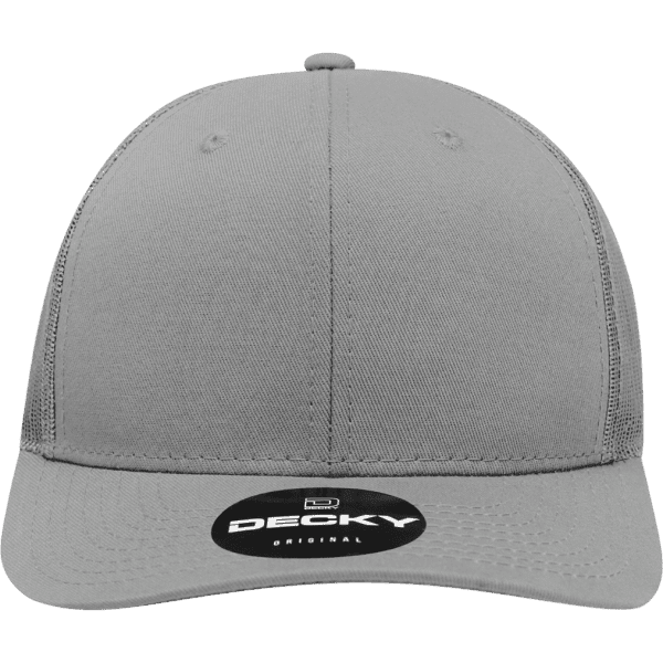 A grey six-panel mid-profile structured trucker cap with a logo on the front and a curved peak.
