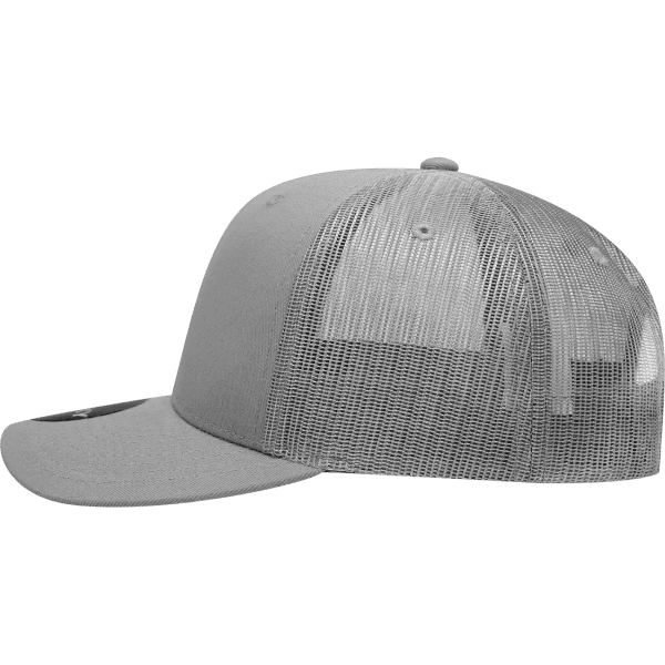 A grey 6 panel mid profile structured trucker cap with a mesh back and a logo.