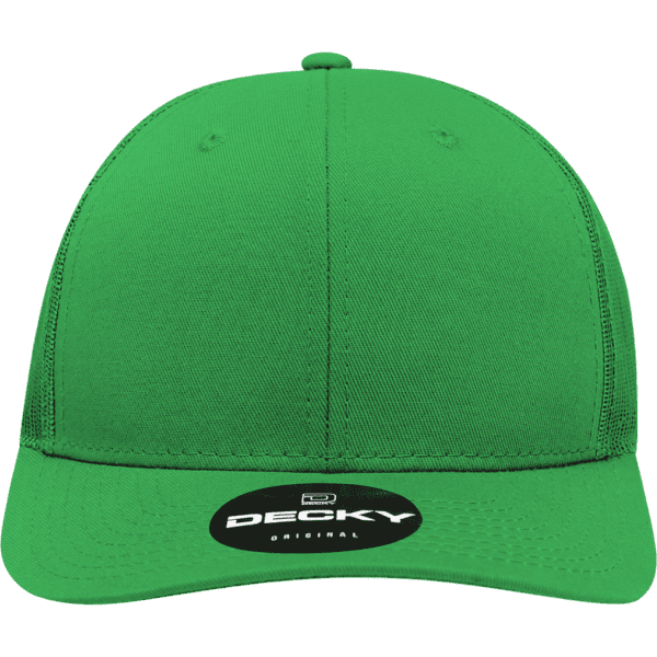 A green six-panel mid-profile structured trucker cap with a logo on the front.