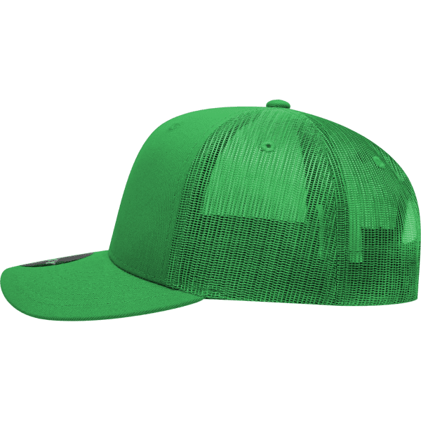 A green 6 Panel Mid Profile Structured Trucker cap with a mesh back and a curved brim.