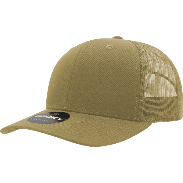 A khaki 6-panel mid pro trucker cap with a mesh back and a logo on the front.