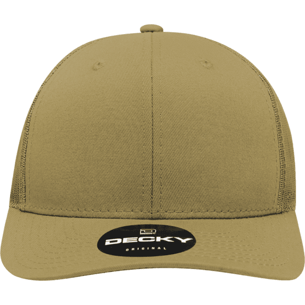 A structured trucker cap in khaki with a logo on the front. It has a six-panel design.