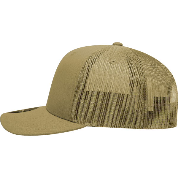 A khaki 6 panel mid-profile structured trucker cap with a mesh back and a curved brim. Features a logo.