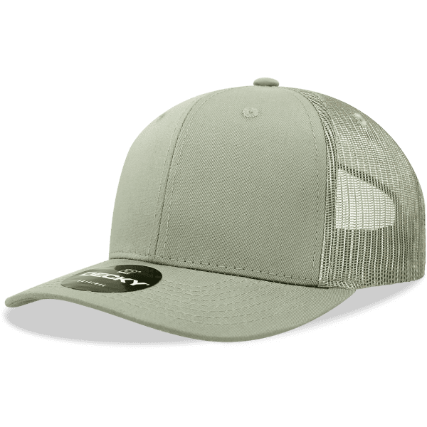 A grey trucker cap with a solid front and mesh side panels, featuring a logo on the front.