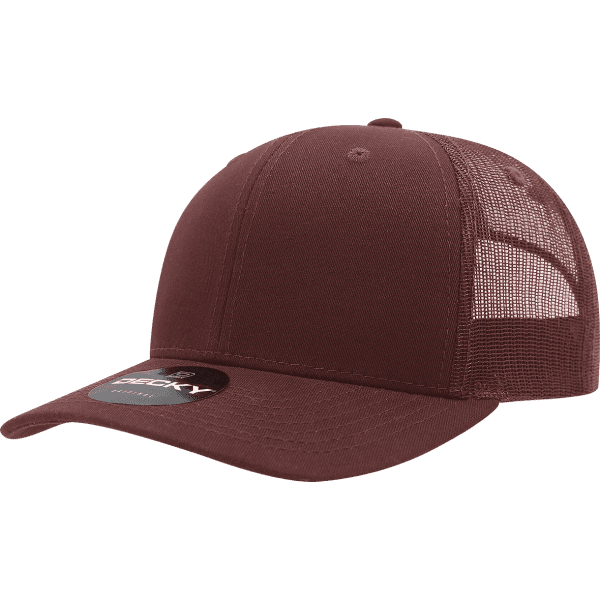A maroon trucker cap featuring a mesh back and a round logo on the front.