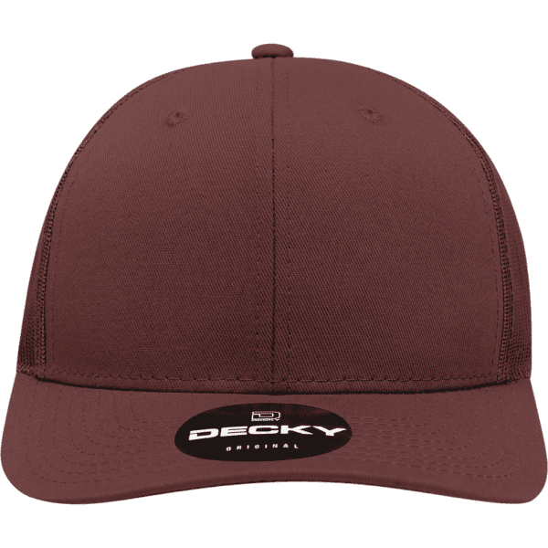A maroon 6-panel mid-profile structured trucker cap with a branded logo on the front.