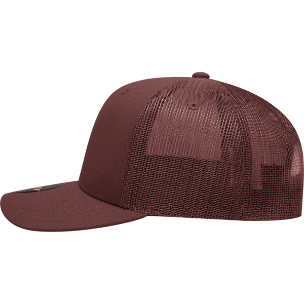 A maroon, 6-panel mid-profile structured trucker cap with a mesh back and a flat peak. It features a logo.