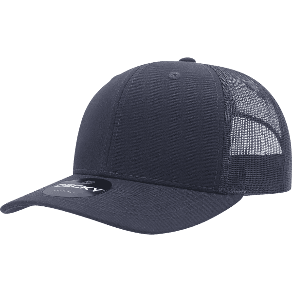 A navy blue trucker cap featuring a structured 6-panel design and mesh back for breathability. It has a logo on the front.