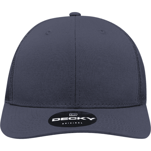 A navy blue 6-panel mid-profile structured trucker cap with a branded logo on the front.