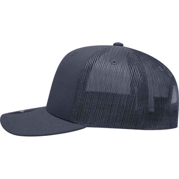 A six-panel, mid-profile structured trucker cap in navy blue with a mesh back and a small logo.