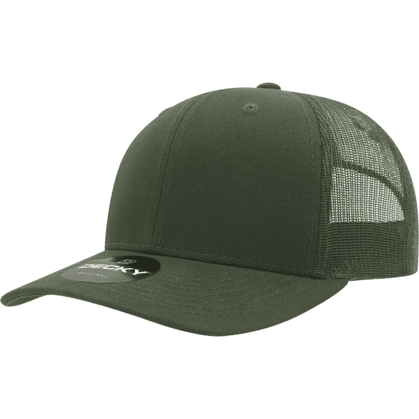 A green trucker cap with a cotton/poly blend and mesh detailing, featuring a logo on the front.