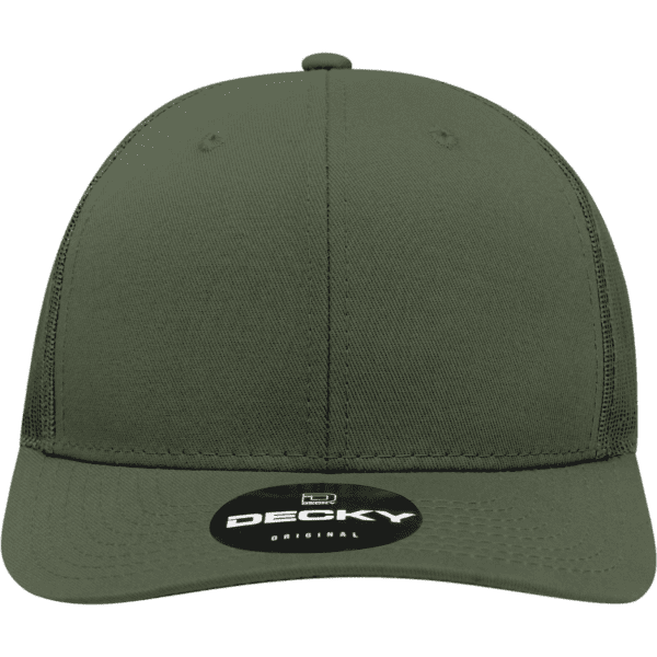A green 6 panel mid profile structured trucker cap with a logo on the front.
