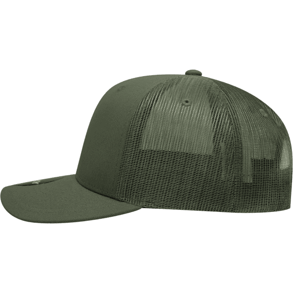 A green 6-panel mid-profile structured trucker cap with a mesh back and a curved brim.
