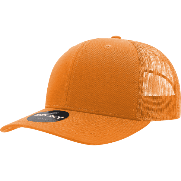 An orange 6-panel mid-profile trucker cap made of cotton/poly blend, featuring a mesh back and a logo.