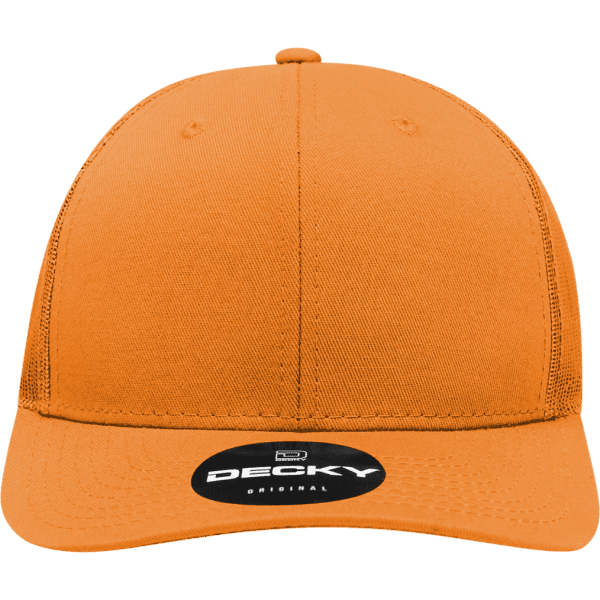 An orange six-panel mid-profile structured trucker cap featuring a branded logo on the front.