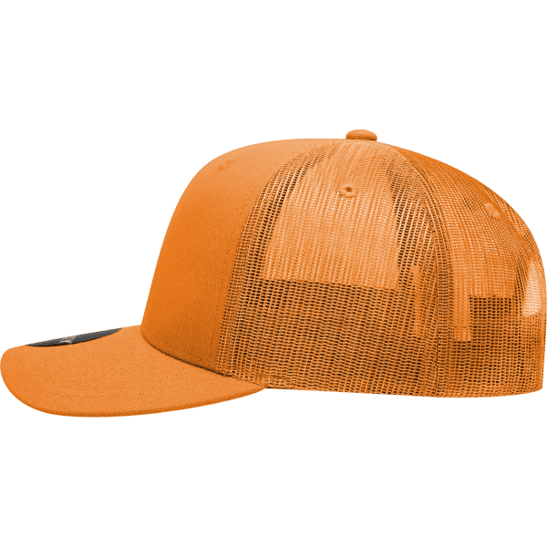 A mid-profile structured trucker cap in bright orange with a mesh back and a logo on the side.