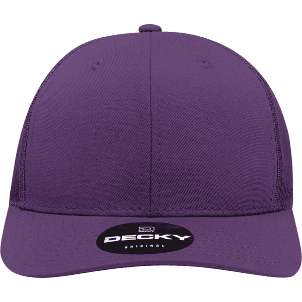 A purple 6-panel mid-profile structured trucker hat with a logo on the front.
