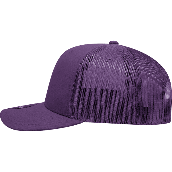 A purple 6 panel mid-profile structured trucker cap featuring a mesh back and curved brim.