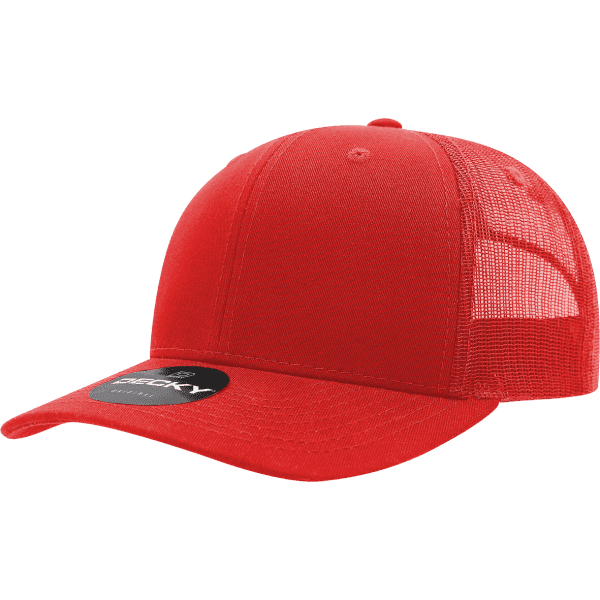 A red 6-panel mid pro trucker cap with a mesh back and a logo on the front.