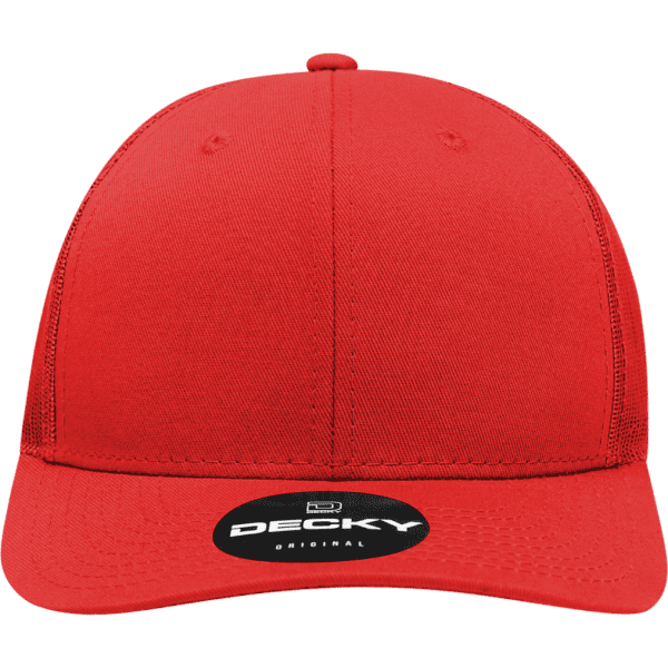 A red 6 panel mid profile structured trucker cap with a logo on the front.