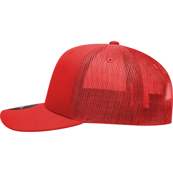 A red structured trucker cap with a mesh back and a logo on the front.